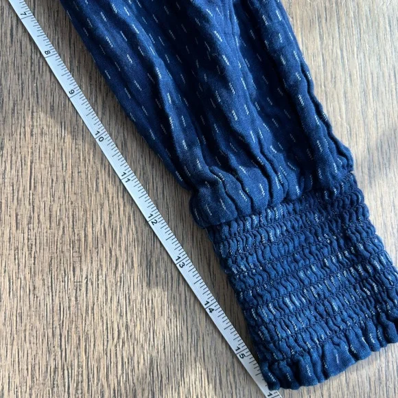 LOFT Dobby Ruffle Prairie Feminine Navy Long Sleeve Buttoned Cotton Blouse Top - Picture 8 of 10